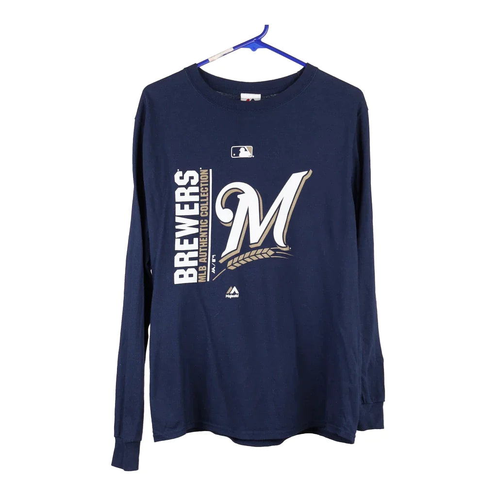 image of Milwaukee Brewers Majestic MLB Long Sleeve T-Shirt - Small Blue Cotton