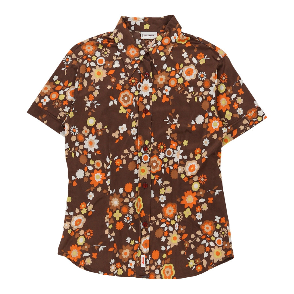 Image of Stefanel Floral Short Sleeve Shirt - Medium Brown Polyester