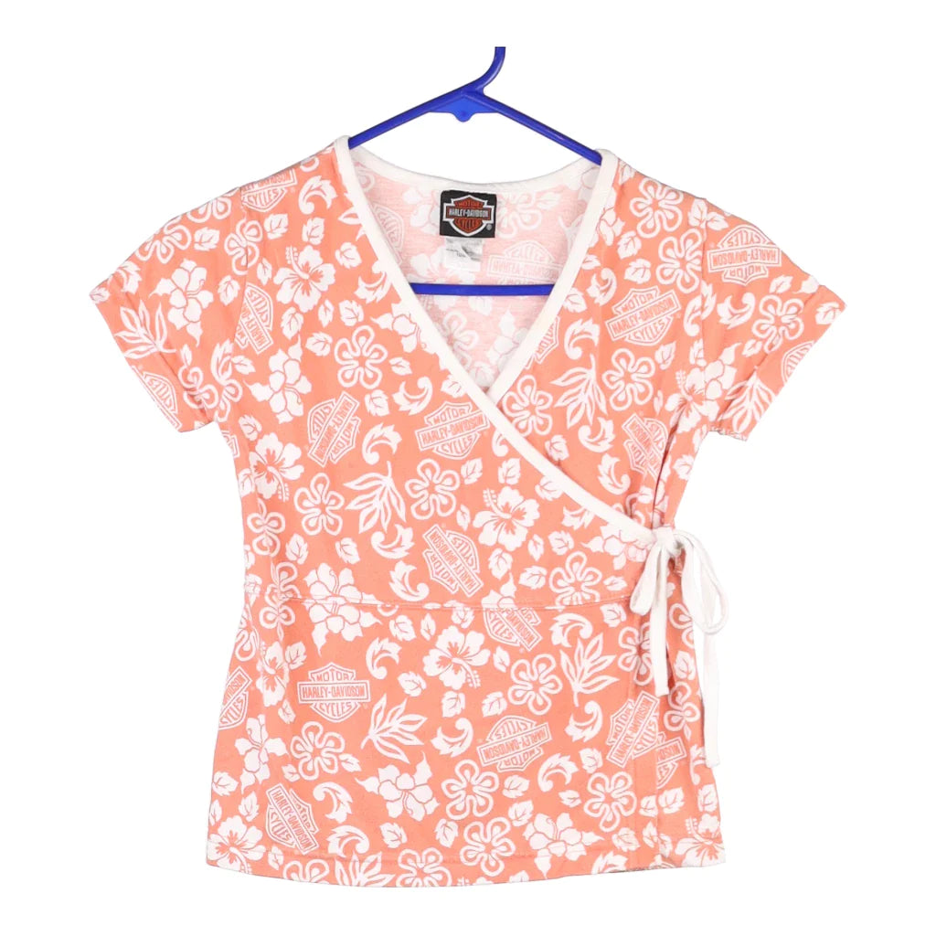 image of Age 7-8 Harley Davidson Floral Top - Small Orange Cotton Blend