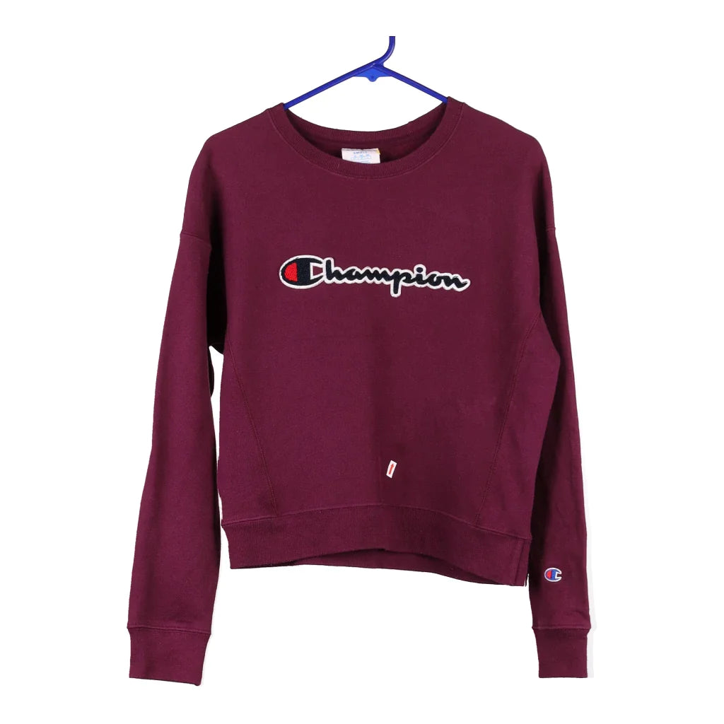 image of Reverse Weave Champion Spellout Sweatshirt - Small Purple Cotton Blend