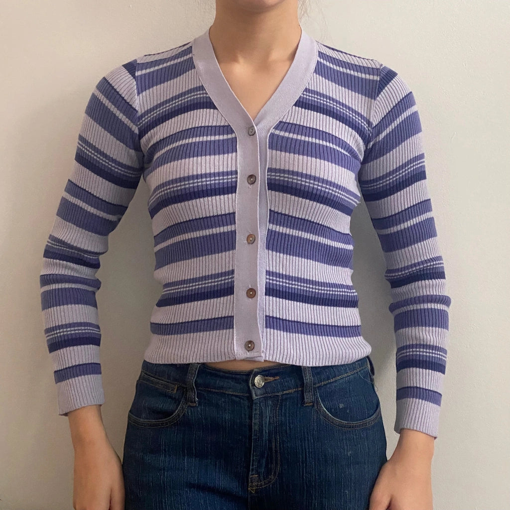 image of Teddy Striped Cardigan - XS Purple Cotton Blend