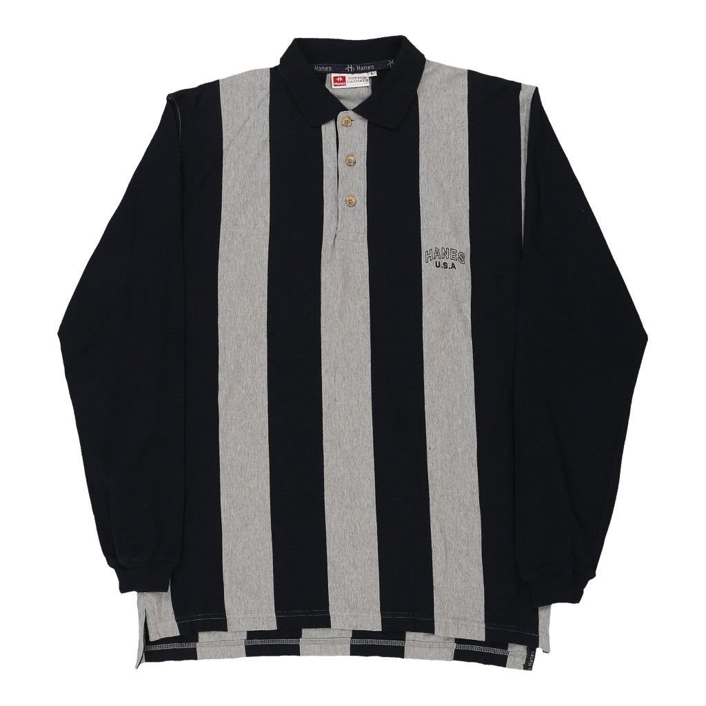 image of Hanes Striped Long Sleeve Polo Shirt - Large Black Cotton