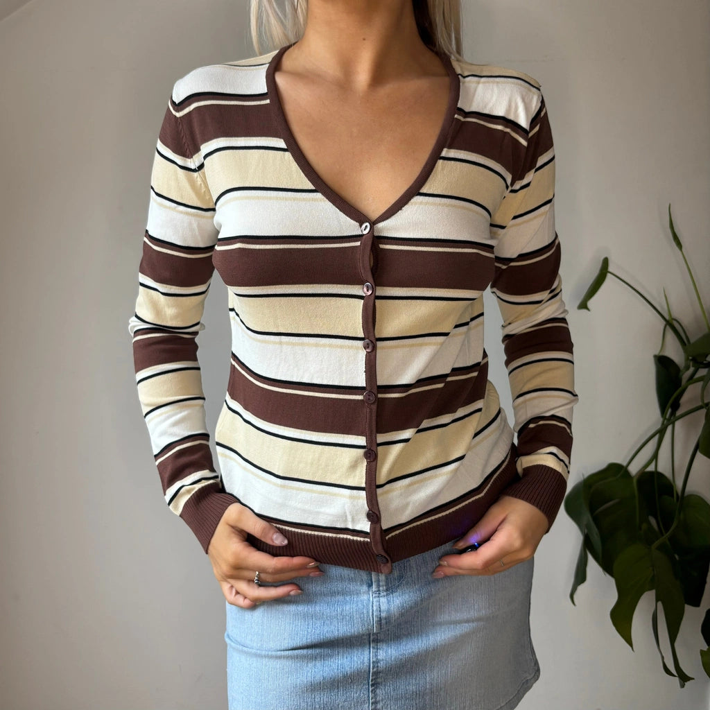 image of Louise Fd Striped Cardigan - Medium Brown Viscose Blend