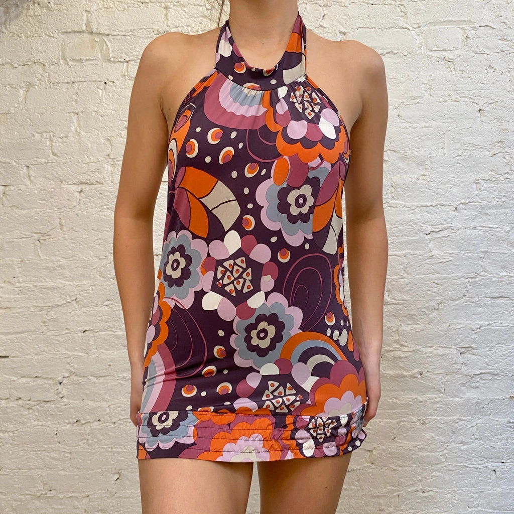 image of Unbranded Mini Halterneck Dress- Medium Multicoloured Polyester Blend