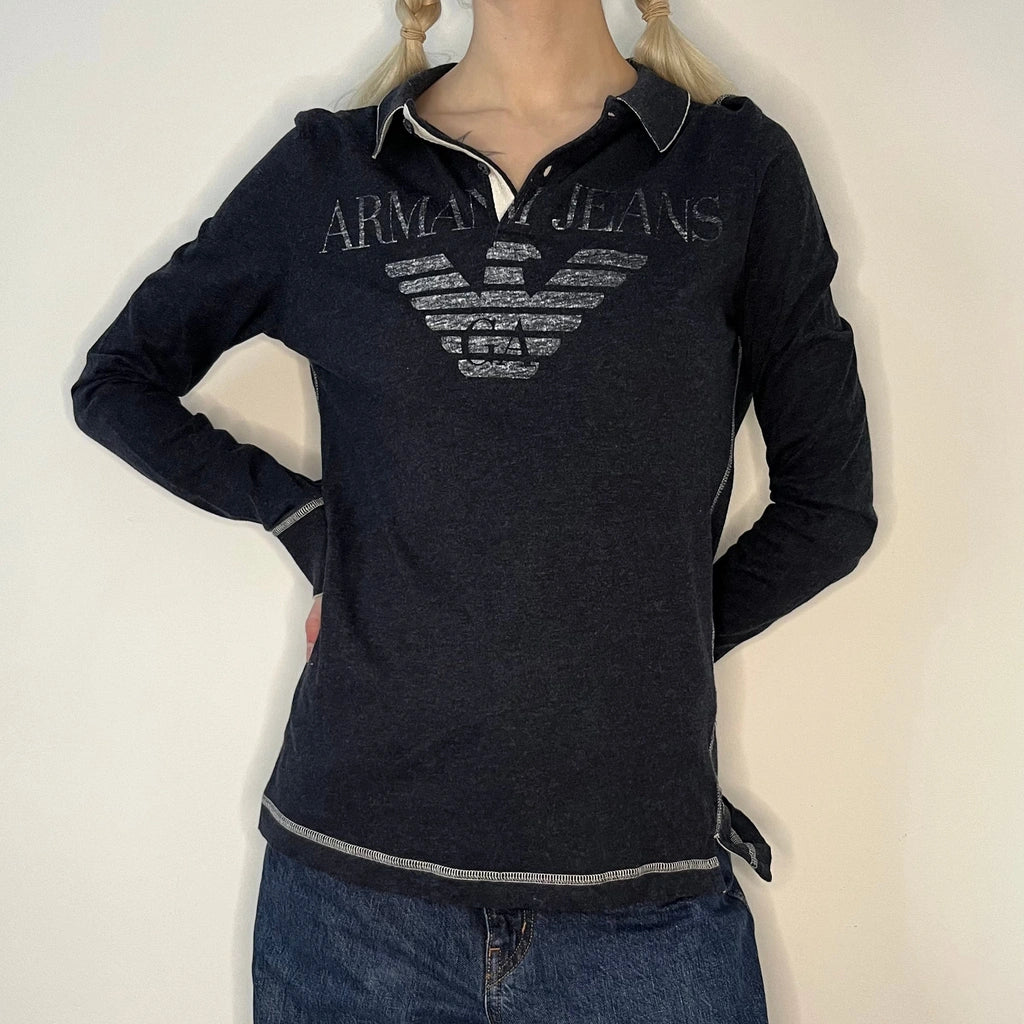 image of Armani Jeans Long Sleeve Polo Shirt - Small Navy Cotton