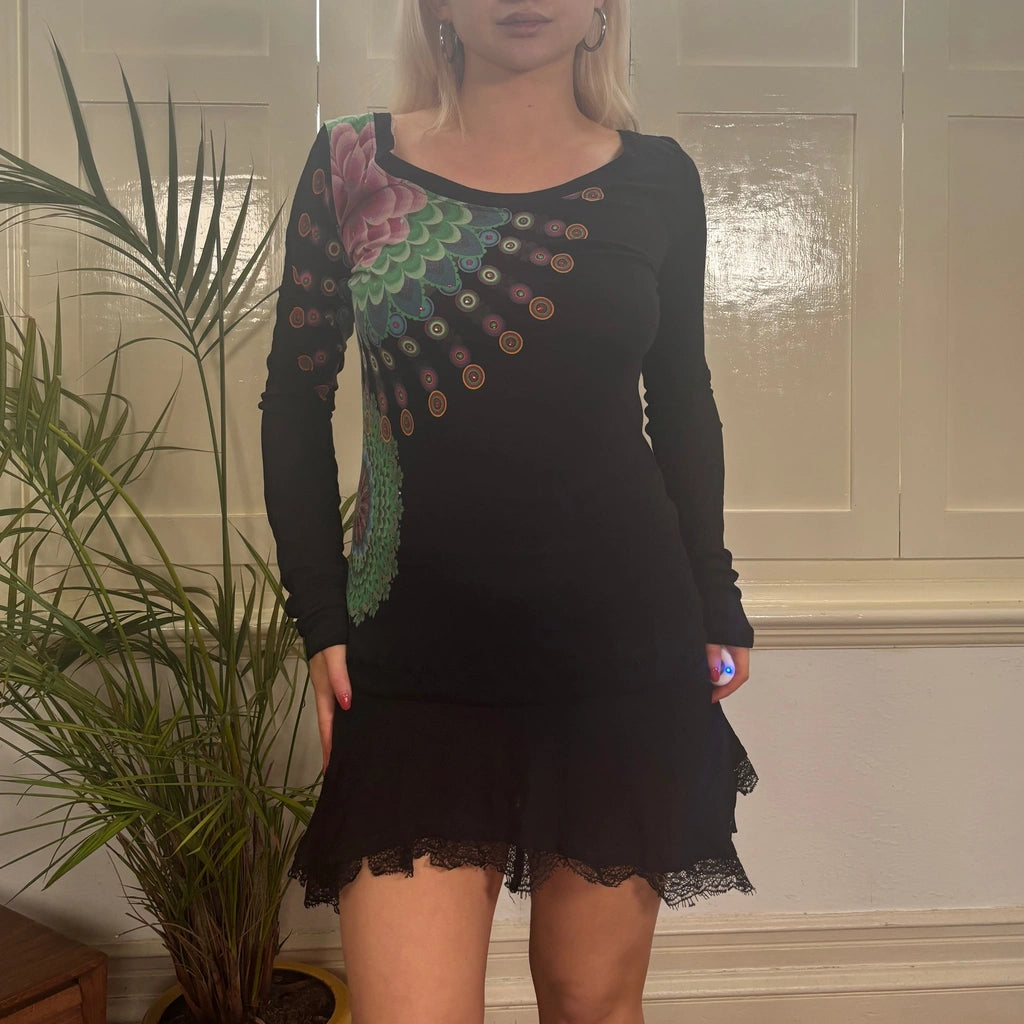 image of Desigual Floral Mini Dress - Large Black Cotton Blend