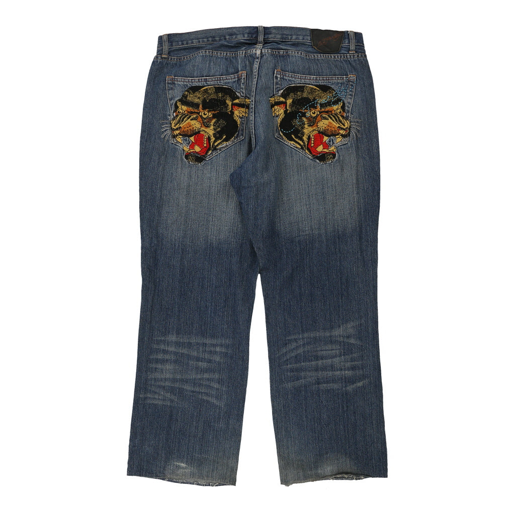 Image of Ed Hardy Embroidered Jeans - 42W 33L Blue Cotton