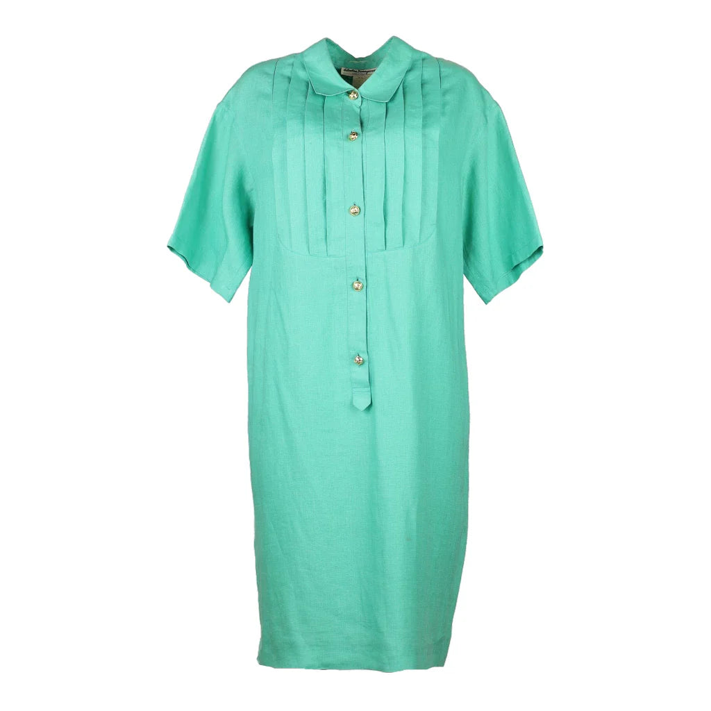 image of 1980 Salvatore Ferragamo Collared Midi Dress - Medium Green Linen