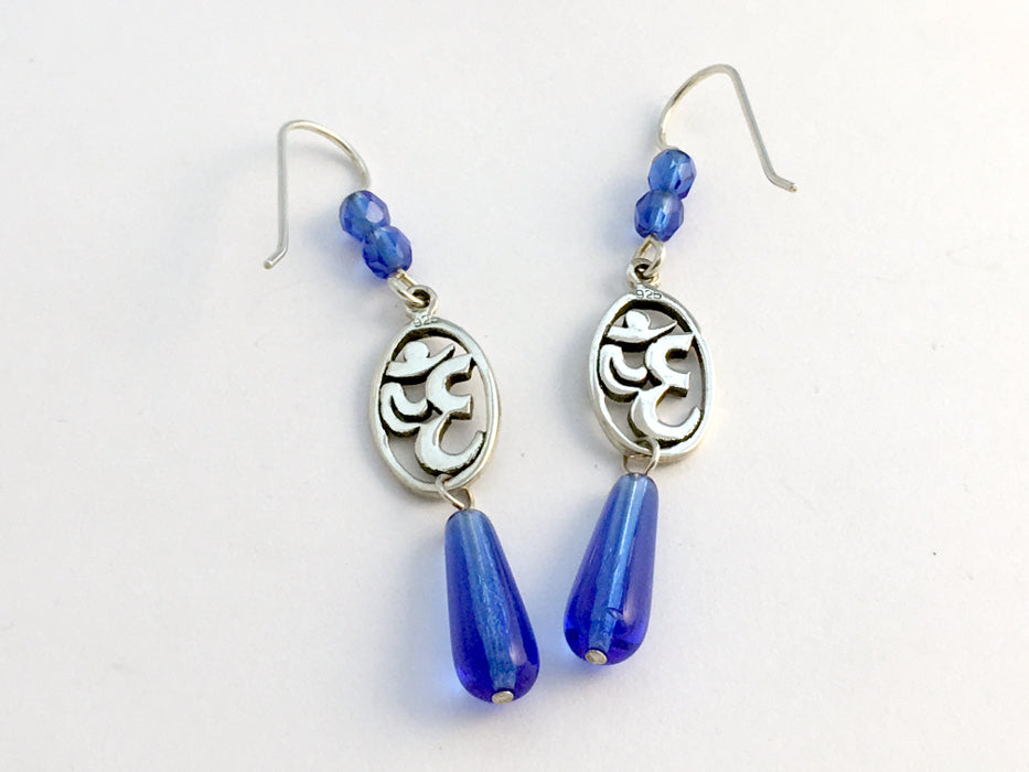 Sterling Silver Oval Om Symbol Dangle Earrings Blue Omkaraaumhindu