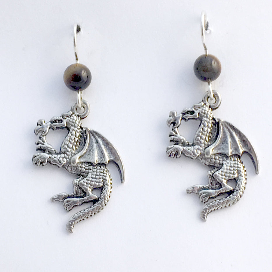 Pewter & sterling silver fire breathing dragon dangle earrings-dragons ...