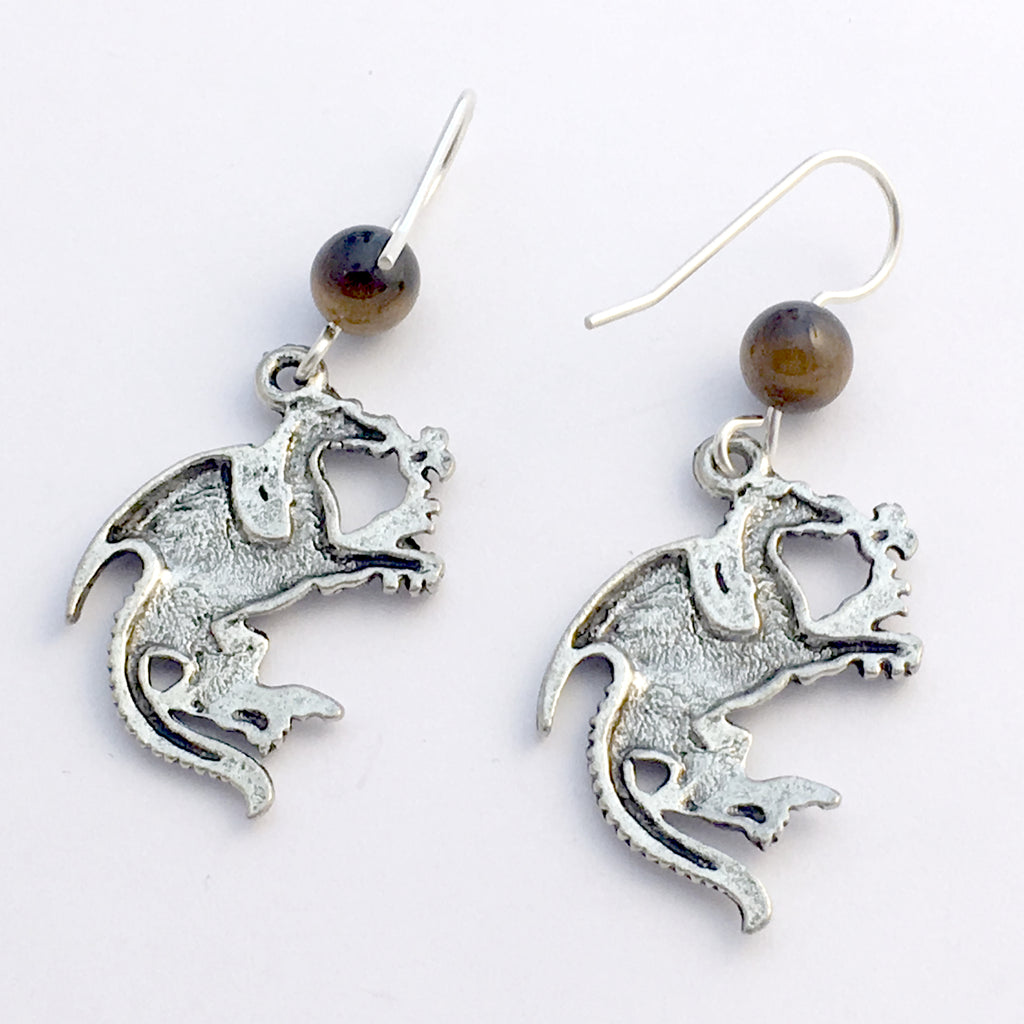 Pewter & sterling silver fire breathing dragon dangle earrings-dragons ...