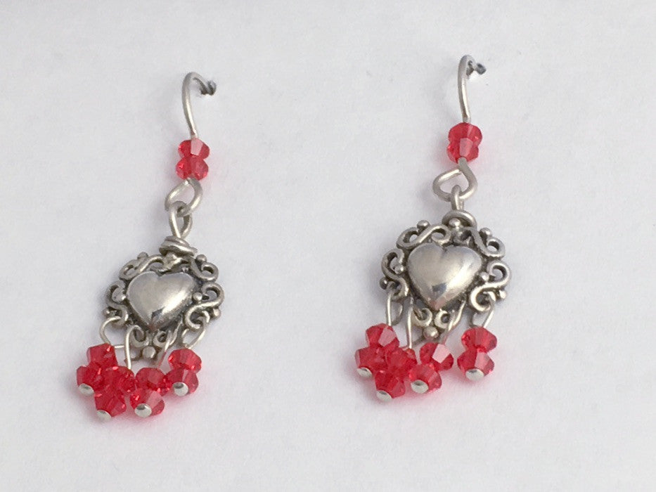 Sterling Silver Heart w/swirls Earrings-red crystal dangles, hearts, V ...