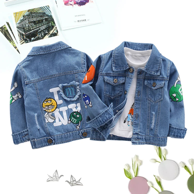 Kid Boys Jeans Coats Cartoon M Printed Denim Jackets Blue Baby Girls Children Clothing