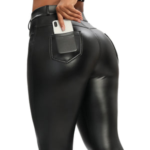 Winter Black Leather Leggings Women Skinny Push Up High Waist Legging Pockets - 90shopping Co LLC