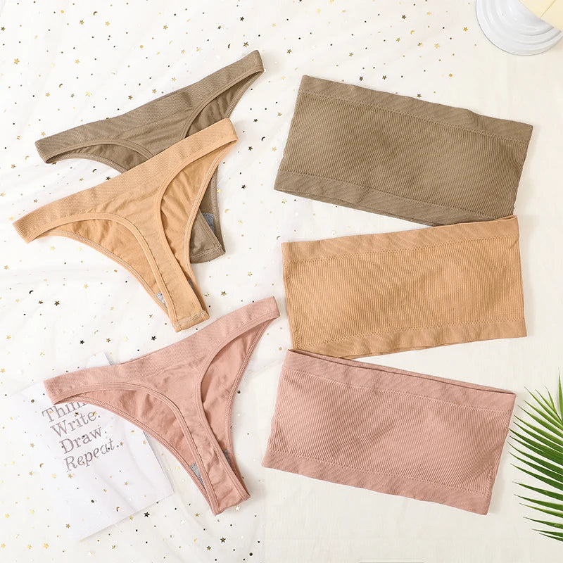 Women Bra Set Strapless Seamless Underwear Push Up Bra High Waist Thong