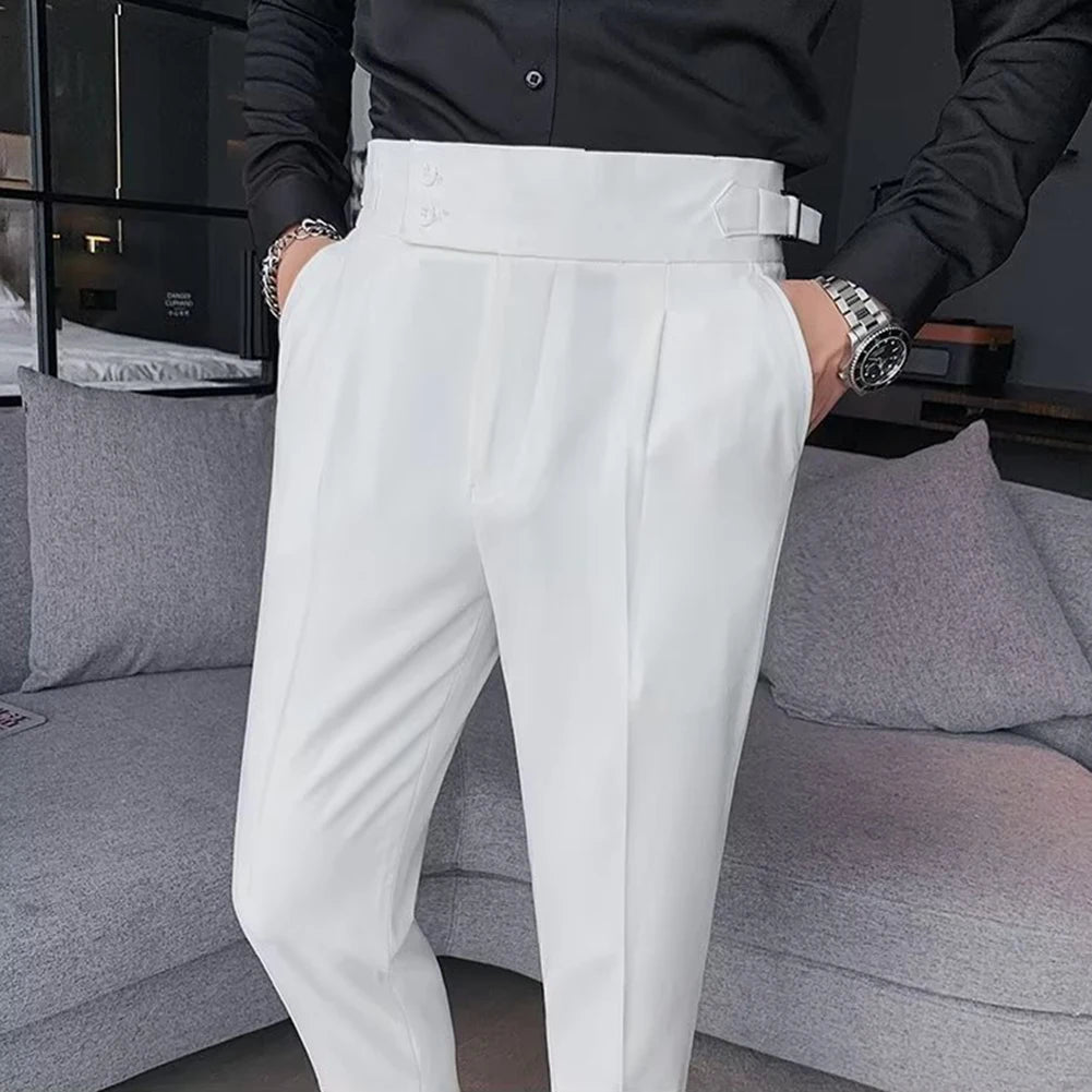 Male Trousers Suit Pants Spring Summer British Style Polyester Slight Stretch Slim Straight