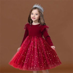 Red Christmas Dress for Baby Girls Winter Long Sleeve Mesh Dresses - 90shopping Co LLC