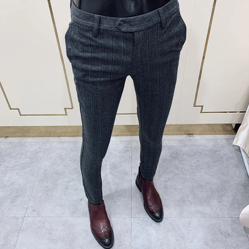 Men Dress Pants Woolen Warm Business Formal Social Suit Pants Casual Slim Striped Fit