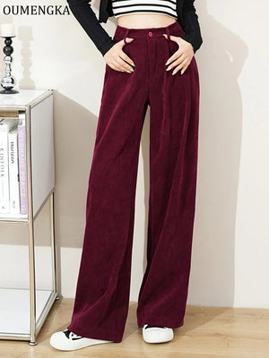 Fashion High Waist Women Retro Corduroy Pants Fall Wide Leg Causal Loose Trousers - 90shopping Co LLC