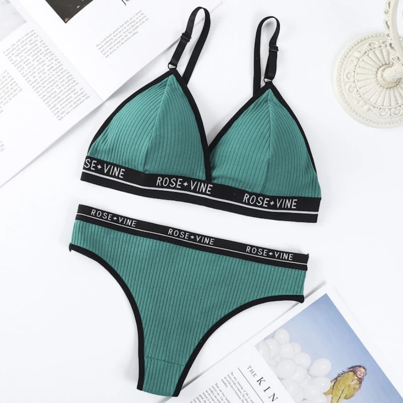 Women Cotton Bra Low Waist Panties Lingerie Set Letter Print Push Up Bras