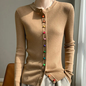 Women's 100% Merino Wool Sweater Round Collar Colorful Buckles Slim Fit Cardigan - 90shopping Co LLC