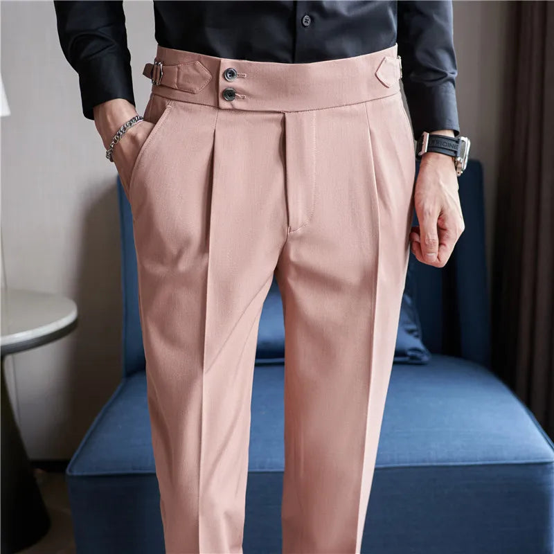 Men High Waist Casual Dress Pant Men Belt Design Pink Trousers Formal Office
