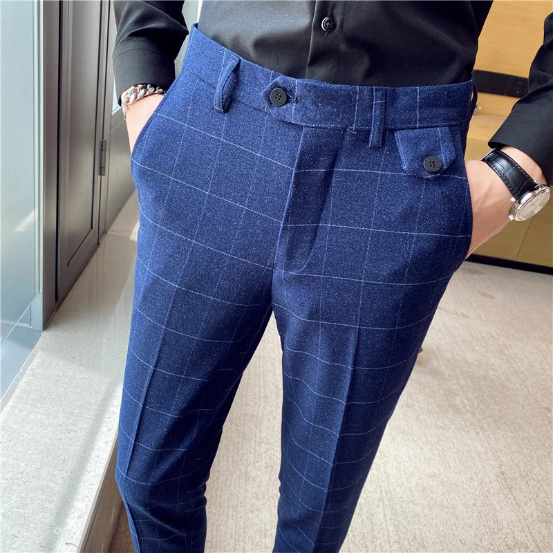 Fashion High Quality Men Suit Pants Straight Spring Autumn Long Male Plaid Classic