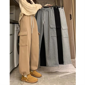 Plus Velvet Cargo Pants Women Men High Waist Drawstring Baggy Trousers Harajuku Big Pocket Oversized Pants Wide Leg Sweatpants - 90shopping Co LLC