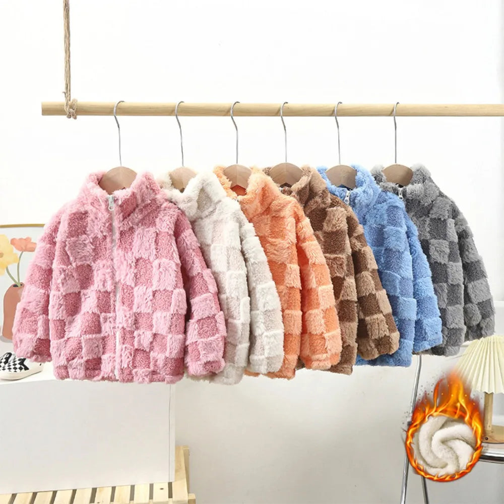 Kids Winter Fleece Coats 2023 Children Patchwork Plaid Outerwear Boy Warm Plush Jacket Baby Girls ZipperStand Jackets Clothing