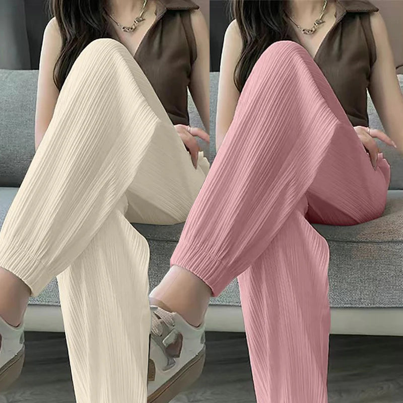 Ice Silk Casual Wide Leg Harem Pants Trousers Solid Elastic Waist Women Clothing