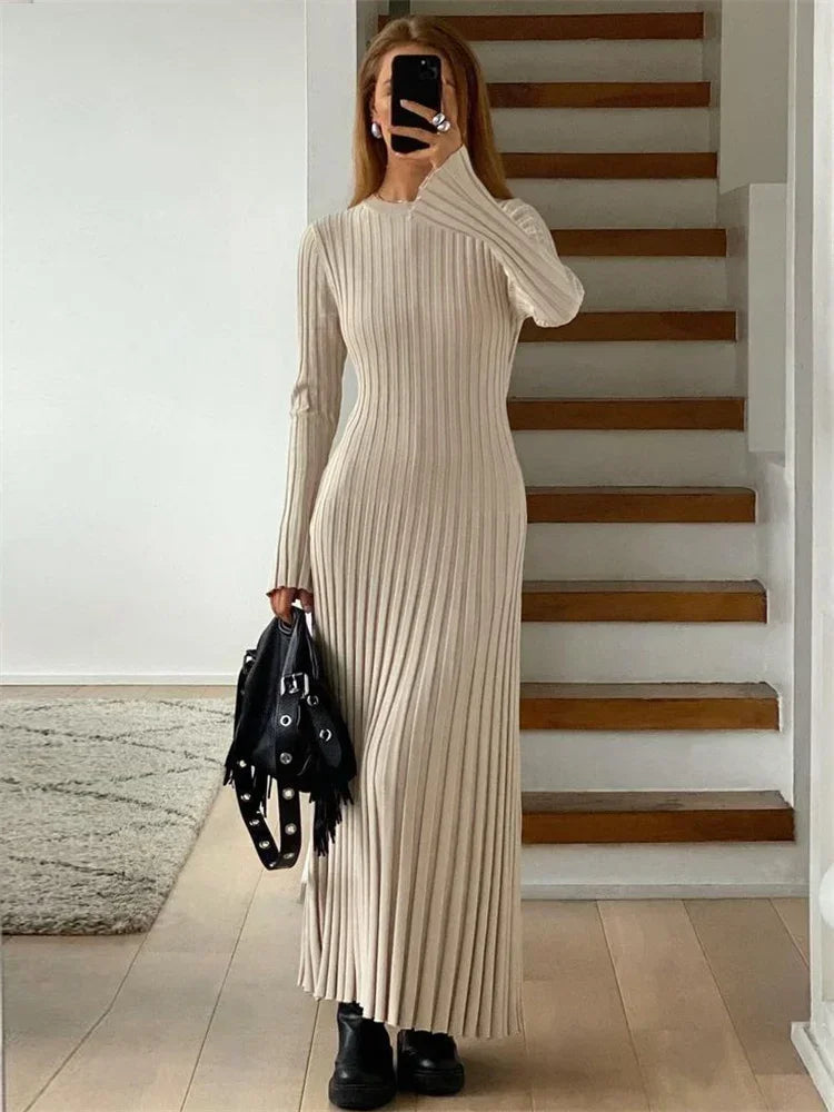 Tossy Lace-Up Female Knit Maxi Dress Autumn High Waist Fashion Patchwork Long