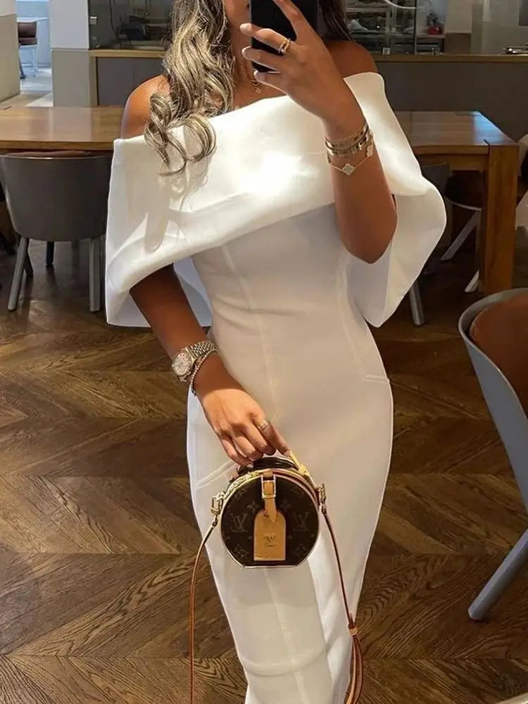 White Dress Women Summer Off Shoulder Cape Design Splicing Skinny Dress Party
