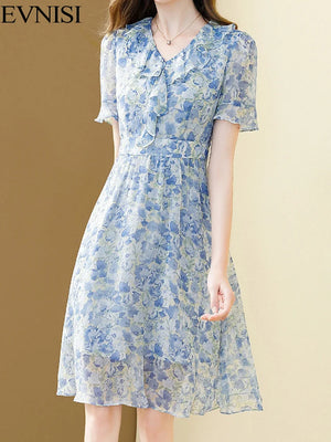 EVNISI Women Chic Blue Printing Chiffon Dress V-neck Short Sleeve Elegant Office - 90shopping Co LLC