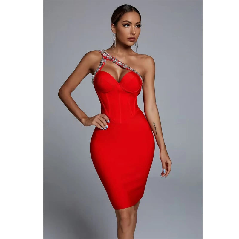 Sleeveless Backless Diamond One Shoulder Diamond Mini Bandage Bodycon