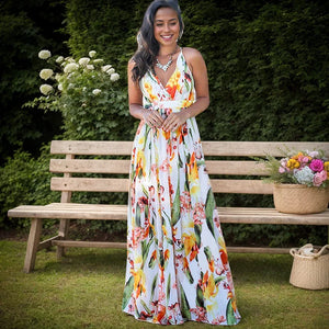 Summer Beach Sundress Women Fashion Sleeveless Sling V-Neck Print Floral - 90shopping Co LLC