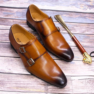 Mens Dress Shoes Genuine Leather Monk Strap Buckle Brown Pointed Toe Handmade - 90shopping Co LLC