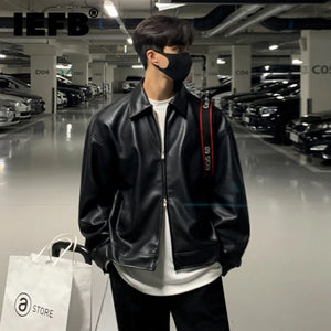 Korean Chic Double Zipper Men's PU Leather Jacket Black Simple - 90shopping Co LLC