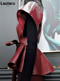Lautaro Spring Luxury Designer Faux Leather Jacket Women Sashes Red Wine