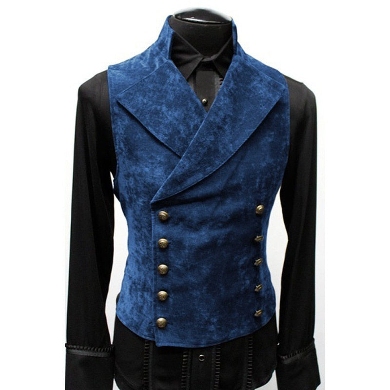 Mens Double Breasted Gothic Steampunk Velvet Vest Stand Collar Medieval