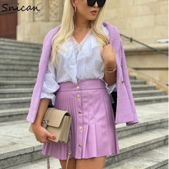 snican solid pu leather skirt high waist buttons sexy mini pleated skirt