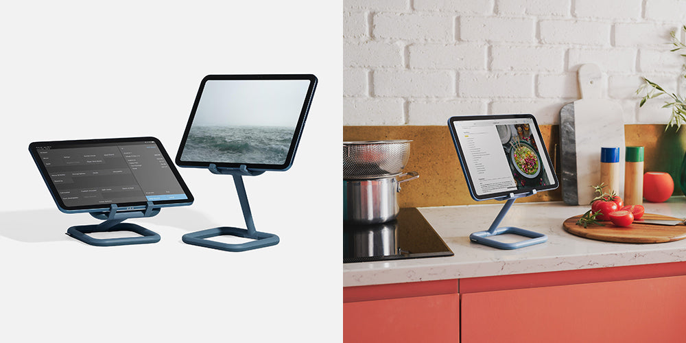iPad stand in blue in a kitchen