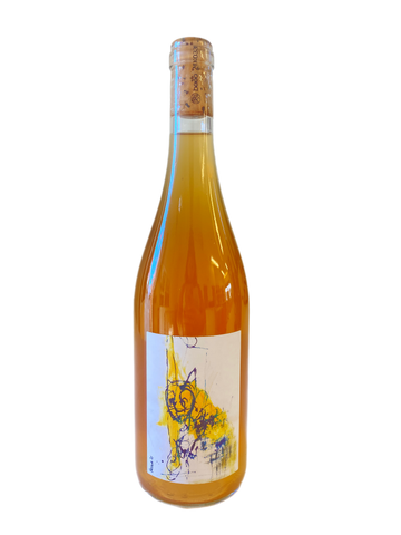 bottle of orange wine with an abstract drawing of a cat 