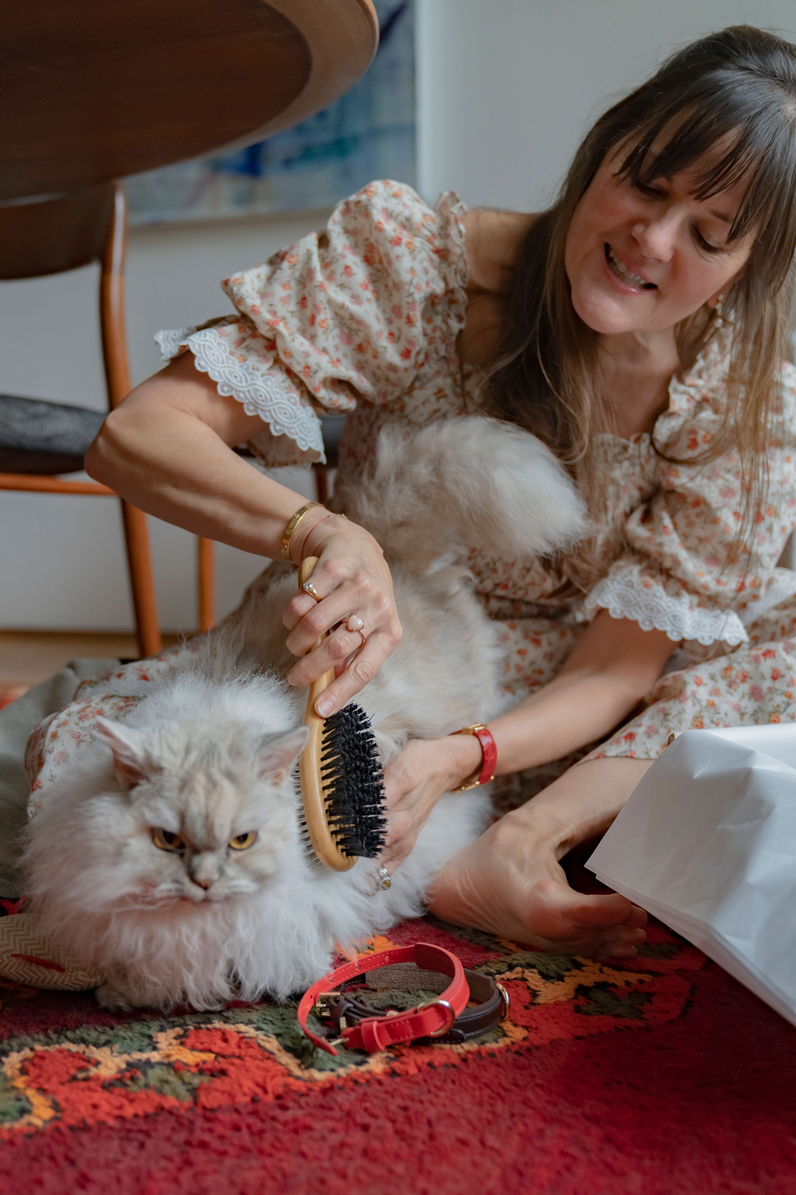 Woman grooming cat