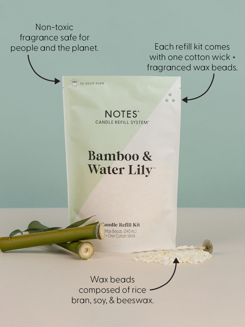 NOTES Sustainable Candle Refill | Non-Toxic Fragrance, Natural Wax Beads  (Beeswax, Rice bran and Soy), Cotton Wick and Sustainer - (1) Linen & Crisp