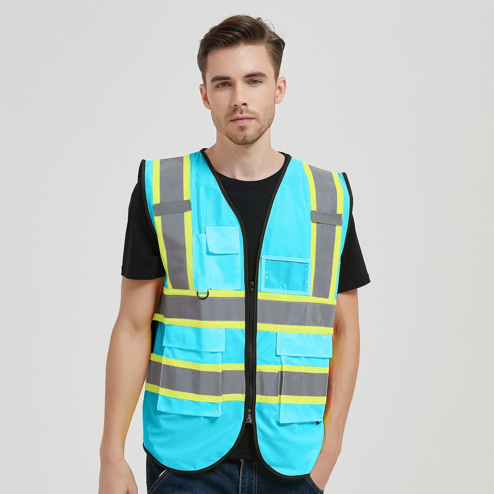 Blue Safety Vest High Visibility Reflective Night Construction Work Security Adults Unisex Zipper and 5 Pockets Traffic Workwear