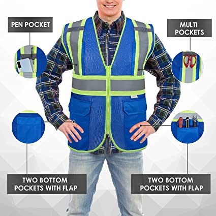 High Visibility Reflective vest Night Construction Work Security Adults Unisex Zipper 5 Pockets Traffic Workwear