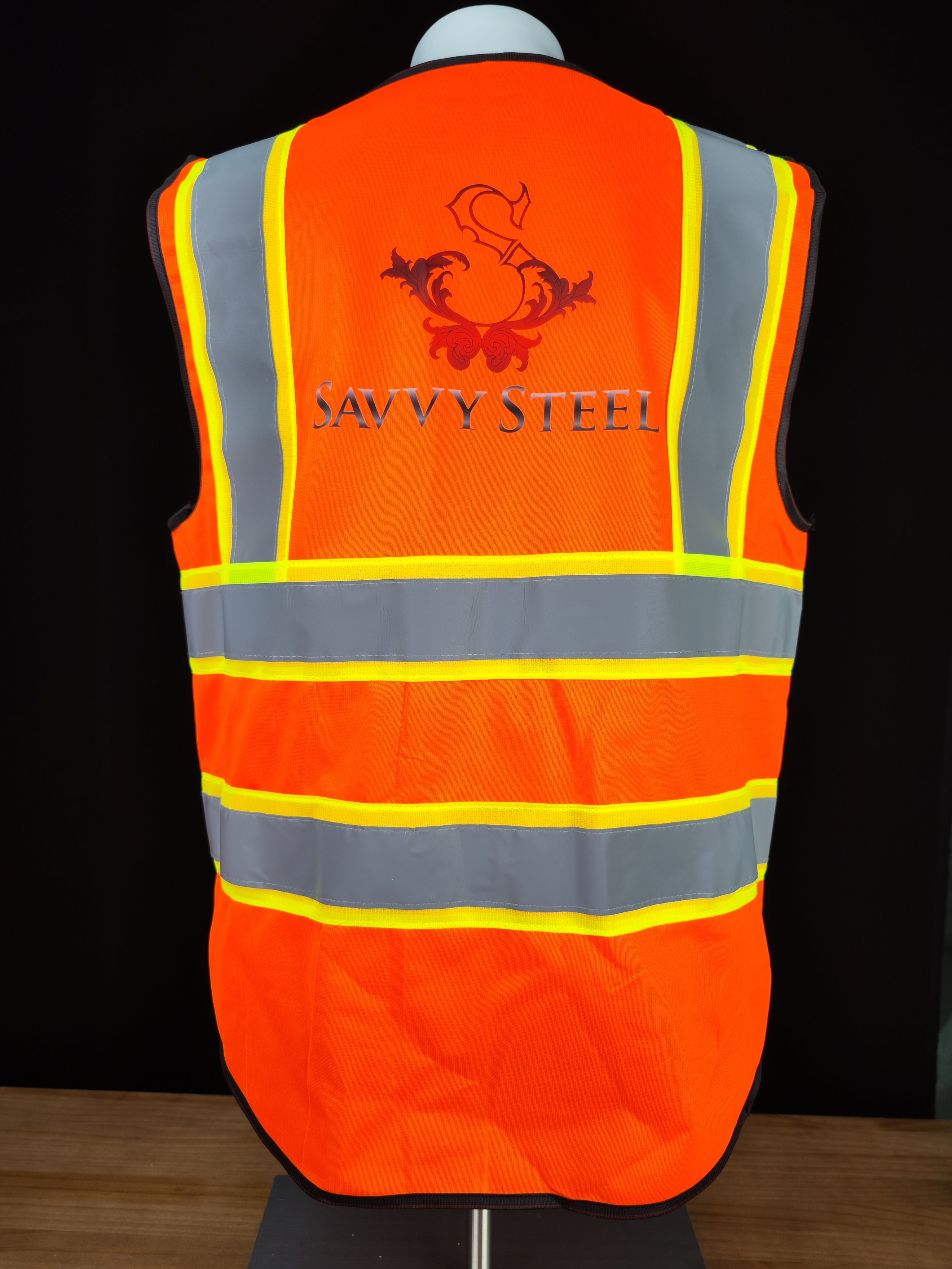 orange safety vest with zipper and pockets