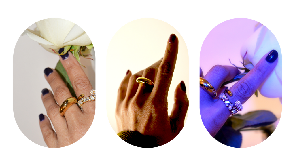 Images showing beautiful gold plated rings in hands holding roses