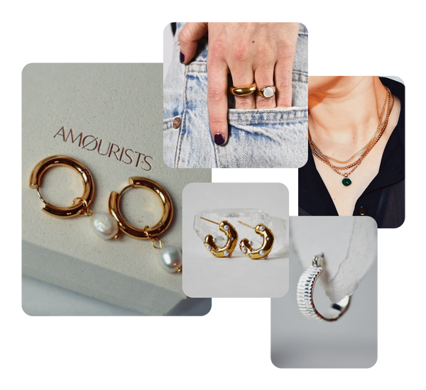 Amourists jewellery collection, Pearl drop Hoop earrings, Gold Signet, gold chain necklaces, sterling silver hoop earrings