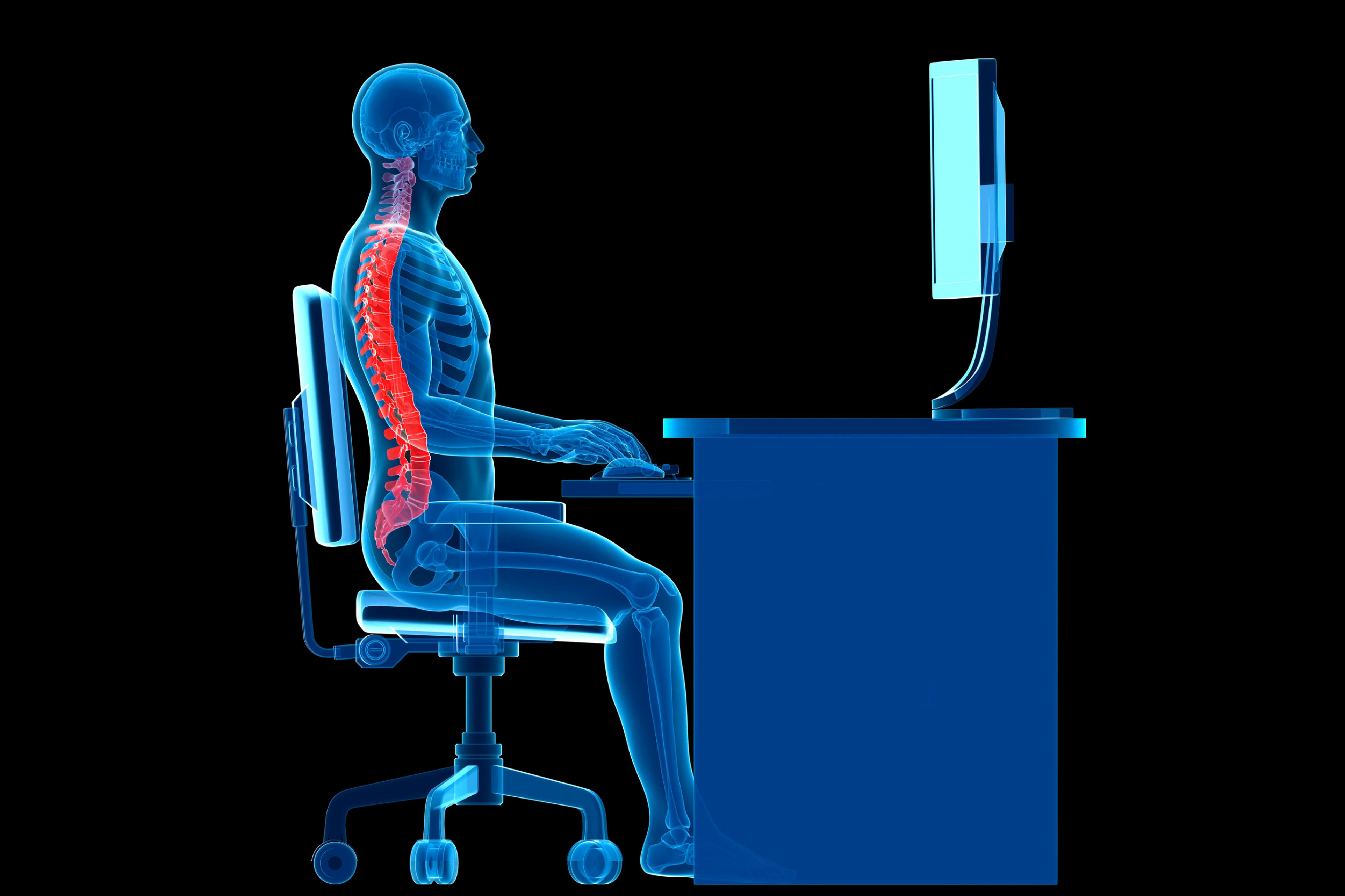 A person sitting with proper posture in an ergonomic chair. Perhaps with a timer?